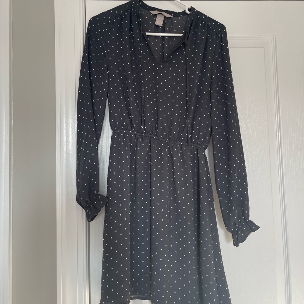 H&M Flowy Navy Polka Dot Dress with Front Tie